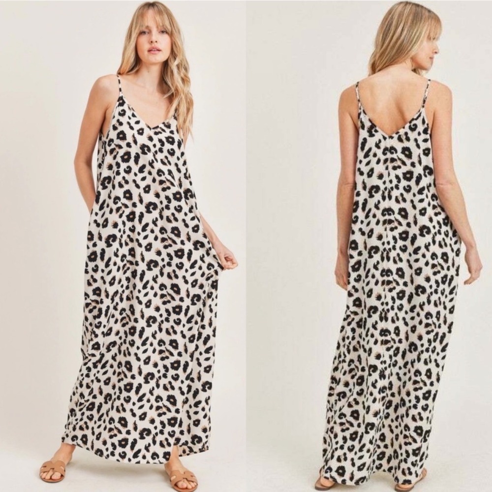 Jodifl Leopard Print Maxi Dress Small Tan‎ Black V-Neck Spaghetti Strap Pockets